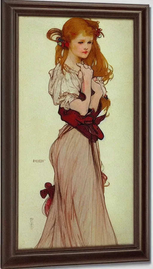 Image similar to beautiful ample redhead woman with a bow around her waist, ornate, mucha