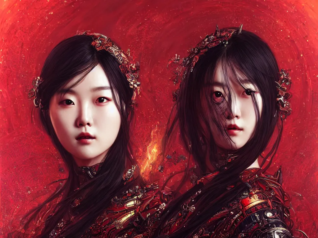Prompt: portrait han so hee korean actress, wearings black and red samurai armor, in temple firefly sparkles night, ssci - fi and fantasy, intricate and very very beautiful and elegant, highly detailed, digital painting, artstation, concept art, smooth and sharp focus, illustration, art by tian zi and wlop and alphonse mucha