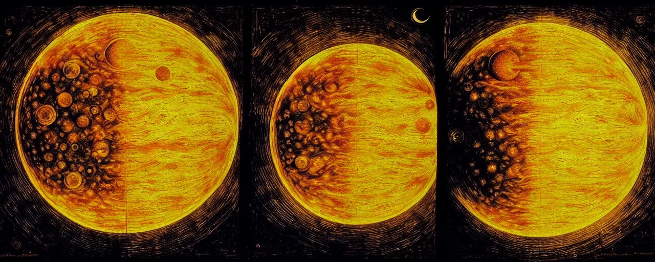 Image similar to the sun radiates a unique canto'as above so below'to the moon, while being ignited by the spirit of haeckel and robert fludd, breakthrough is iminent, glory be to the magic within, in honor of saturn, painted by ronny khalil