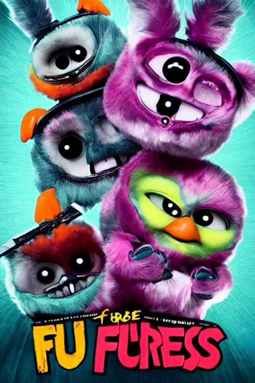 Image similar to horror movie poster for attack of the furbies!!!! furby!!! horrifying, scary movie