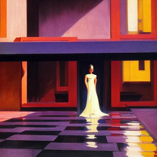 Image similar to action moment, beautiful woman portrait, courtyard, capital, cybermosque interior, control panel, watcher, omniscient, tech noir, wet reflections, impressionism, matte painting, speed painting, edward hopper, syd mead