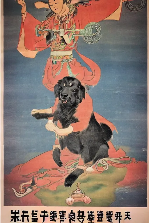 Image similar to chinese propaganda poster with dog as a god as the centerpiece, detailed face, gorgeous, amazing, flowing hair, very muscular male body