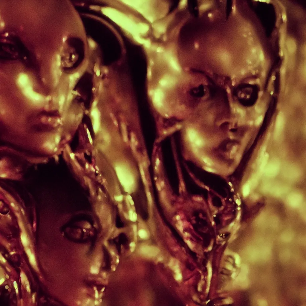 Prompt: close - up headshot of an alien beauty, extraterrestrial mistress, in the style of a wong kar wai movie