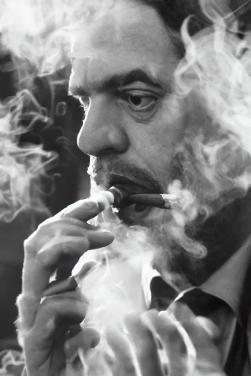 Image similar to a recent photograph of god smoking a cuban cigar by stanley kubrick