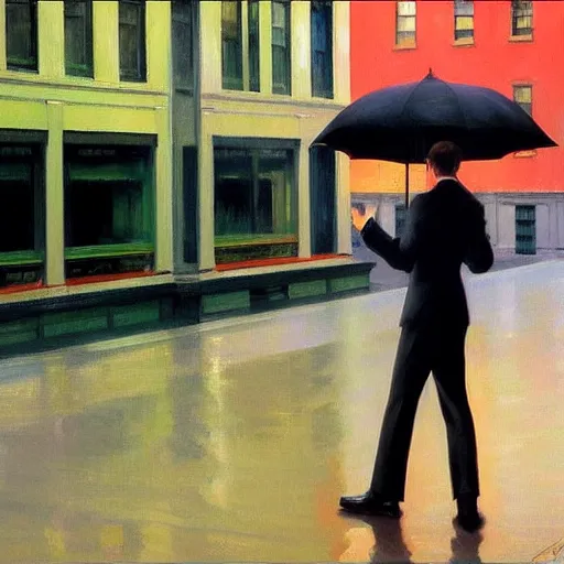 Image similar to man dancing in the rain, edward hopper, trending on artstation, hajime sorayama