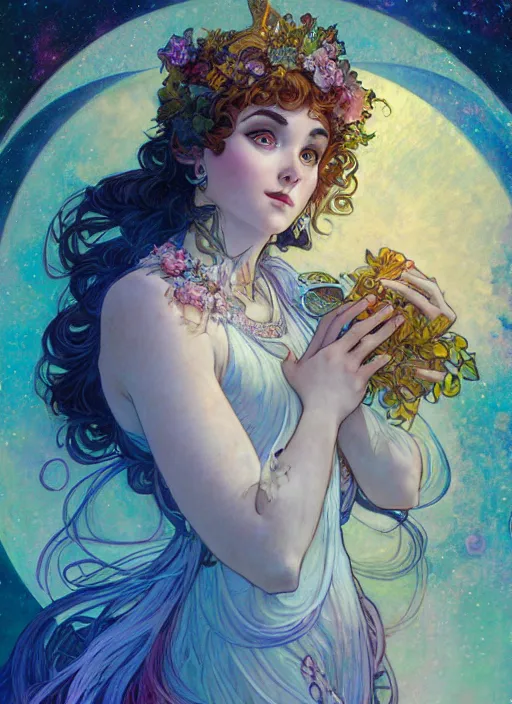 Image similar to Goddess of the Moon, ambient lighting, 4k, josephine wall, alphonse mucha, lois van baarle, ilya kuvshinov, rossdraws, artstation