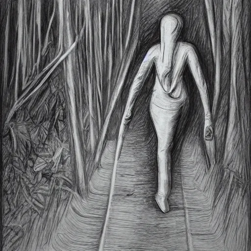 Image similar to bandaged mummy walks through camp, in jungle, pencil drawing, high resolution,