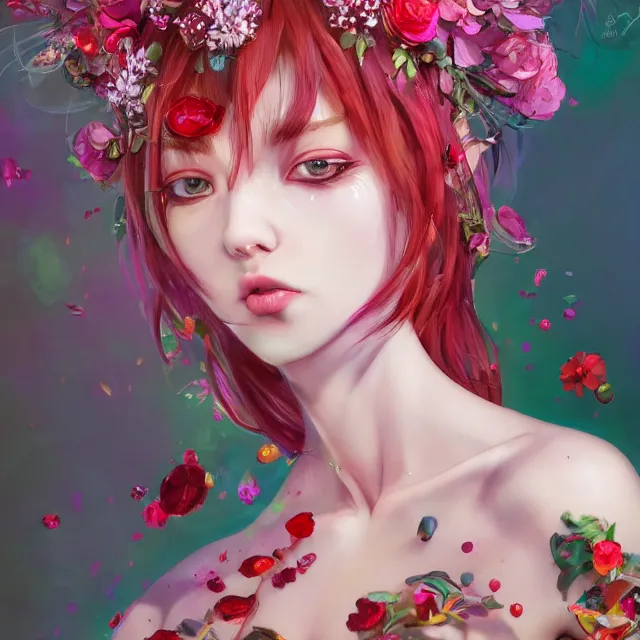 Image similar to studio portrait absurdly beautiful, elegant, graceful, young hypercolorful sensual anime girl rubies red petals gems, ultrafine hyperrealistic detailed face illustration by kim jung gi, irakli nadar, intricate linework, sharp focus, bright colors, matte, octopath traveler, final fantasy, unreal engine highly rendered, global illumination, radiant light, intricate rainbow environment