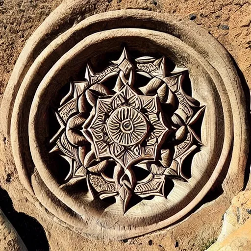 Prompt: mandala carved into the side of a mountain