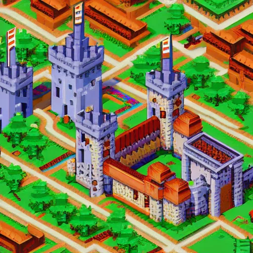 Image similar to isometric pixel art, soft lighting, pixel town, medival Pixelated castle, ultra detailed