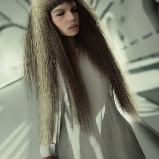 Image similar to a beautiful woman wearing a travel outfit walks down a white corridor by olivia malone, long hair, amazingly detailed, fantastic detailed eyes, pretty face, aged 2 5, swedish, photo realistic, photograph, 3 5 mm, octane render, trending on artstation