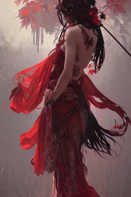 Prompt: beautiful ancient witch in makeshift animal bow cape, blood rain on background, highly detailed, digital painting, artstation, sharp focus, illustration, art by tan zi and ayanamikodon and alphonse mucha and wlop