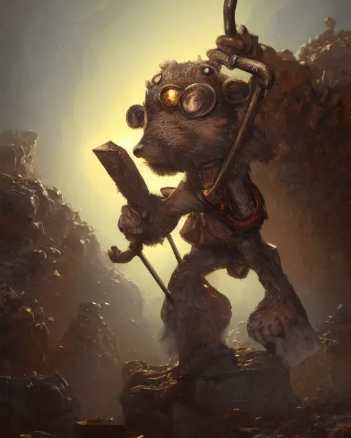 Image similar to oil painting of poor anthropomorphized mouse miner mining gold, pickaxe, close shot, full body, dark steampunk mine shaft background, sharp focus, fantasy style, octane render, volumetric lighting, 8k high definition, by greg rutkowski, highly detailed, trending on art Station, dungeons and dragons artwork, centered