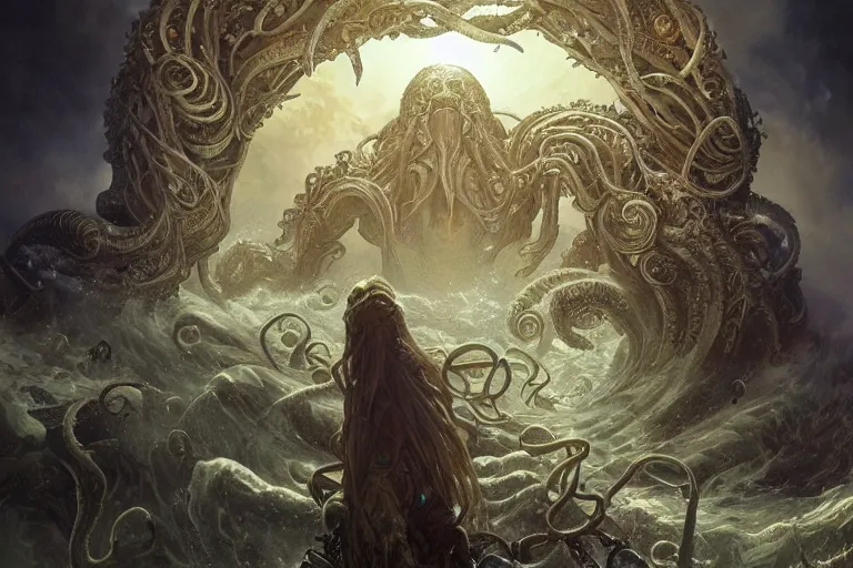 Image similar to a lovecraftian painting of cthulhu rising, cosmic horror elements, ultra realistic, concept art, intricate details, eerie, highly detailed, photorealistic, octane render, 8 k, unreal engine. art by artgerm and greg rutkowski and alphonse mucha