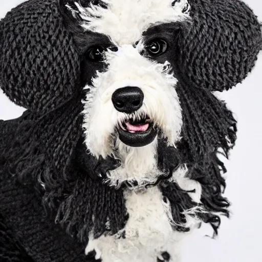 Image similar to a closeup photorealistic illustration of a smiling knitted bernedoodle judge dog dressed in a black gown, presiding over the courthouse. scales of justice and a gavel in the scene. this 4 k hd image is trending on artstation, featured on behance, well - rendered, extra crisp, features intricate detail, epic composition and the style of unreal engine.
