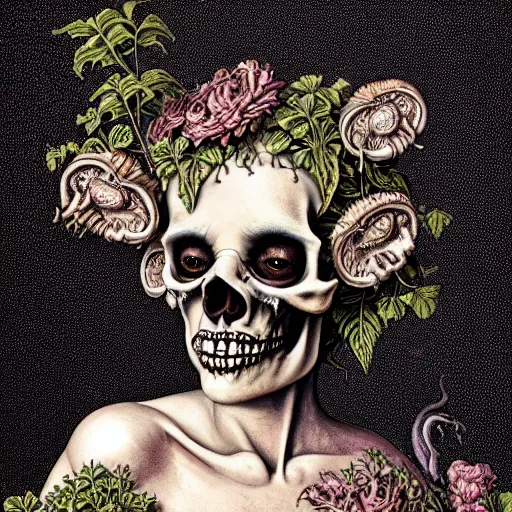 Prompt: a beautiful detailed front view rococo portrait of a rotten woman corpse becoming almost a skull with fractal plants and fractal flowers and mushrooms growing around, intricate, ornate, volumetric light, beautiful lit, beetlejuice