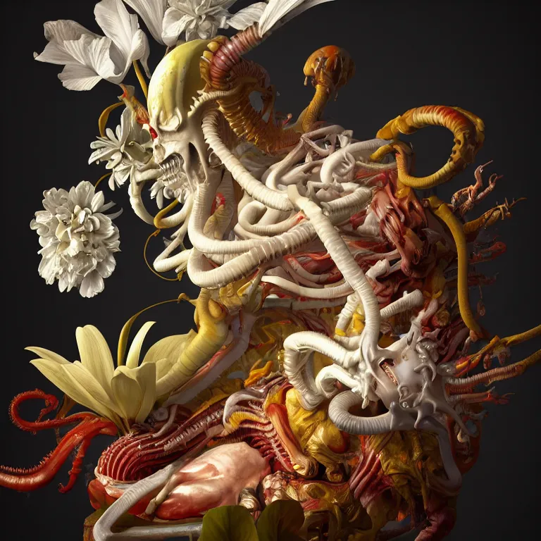 Image similar to still life of white xenomorph, beautiful tropical flowers, human spine, colorful mold, baroque painting, beautiful detailed intricate insanely detailed octane render, 8K artistic photography, photorealistic, chiaroscuro, Raphael, Caravaggio