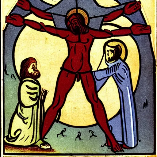 Prompt: an actor crucifies god and satan on an electric cross