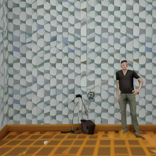 Prompt: 3 d render of jerma 9 8 5, jerma in a liminal space, non - euclidean space, endless halls of an office space, worn light mono - yellow 7 0 s wallpaper, old moist carpet, inconsistently - placed fluorescent lighting, high octane, blender, 3 d render