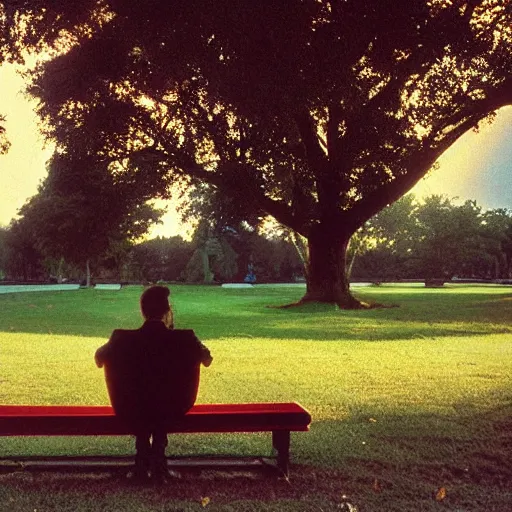 Image similar to 1 9 9 0 s candid 3 5 mm photo of a man sitting on a bench in a park playing guitar, cinematic lighting, cinematic look, golden hour, the clouds are epic and colorful with cinematic rays of light, photographed by petra collins, uhd