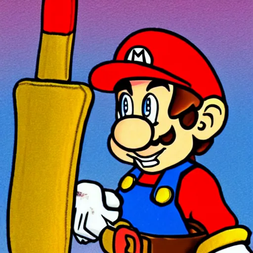 Image similar to medieval mario holding an axe, godfalls background