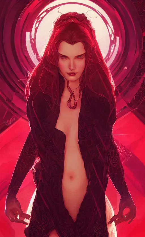 Prompt: Scarlet Witch, highly detailed, digital painting, artstation, facing camera, concept art, smooth, sharp focus, illustration, art by artgerm and alphonse mucha, high definition digital art, dramatic lighting, in the style of ilya kuvshinov and Ross tran
