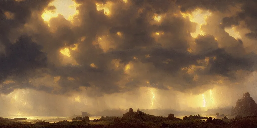 Prompt: a beautiful painting of epic skycape with thunder clouds and storm over a moody landscape by albert bierstadt and joseph zbukvic, moody color scheme, high detail, trending on artstation, orange : - 1 0, yellow : - 1 0