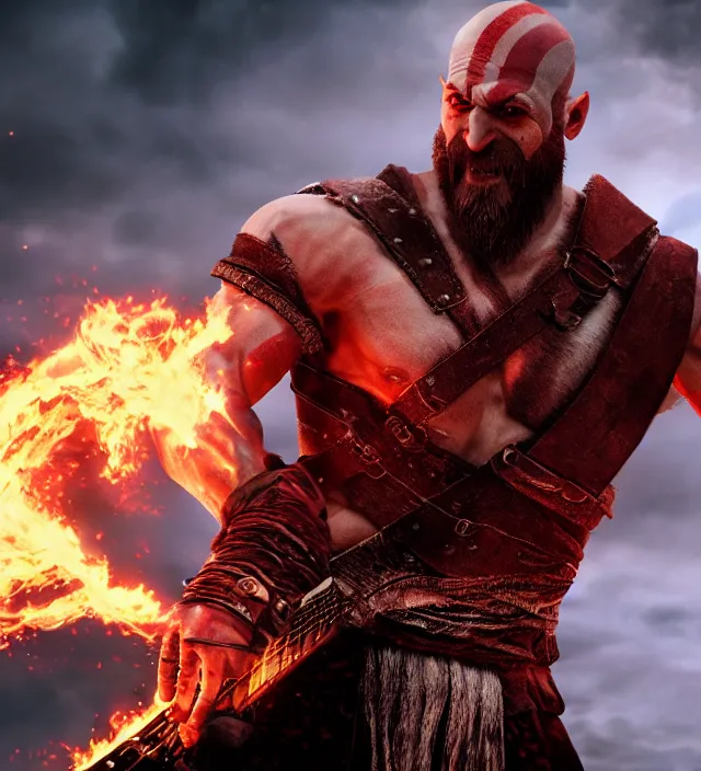 Prompt: rocking kratos shredding on a flaming stratocaster guitar, cinematic render, god of war 2 0 1 8, santa monica studio official media, lightning, stripe over eye