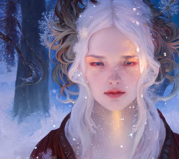 Image similar to beautiful ancient frost witch, fire in eye, snow glow, pool party, highly detailed, digital painting, artstation, sharp focus, illustration, art by tan zi and ayanamikodon and alphonse mucha and wlop