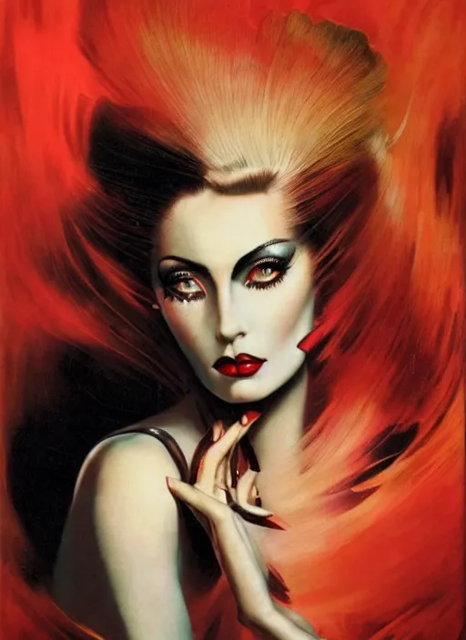 Image similar to an 8 0 s portrait of a woman with dark eye - shadow and red lips with dark slicked back hair dreaming acid - fueled hallucinations by serge lutens, rolf armstrong, delphin enjolras, peter elson