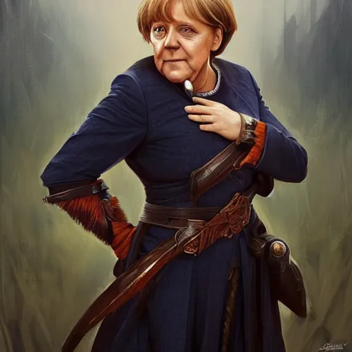 Image similar to Portrait of Angela Merkel !with beard!, D&D, blue eyes, face, dark fantasy, intricate, elegant, highly detailed, digital painting, artstation, concept art, smooth, sharp focus, illustration, art by artgerm and greg rutkowski and alphonse mucha
