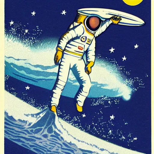 Image similar to astronaut surfing in space, stars as waves, Vintage Magazine Illustration