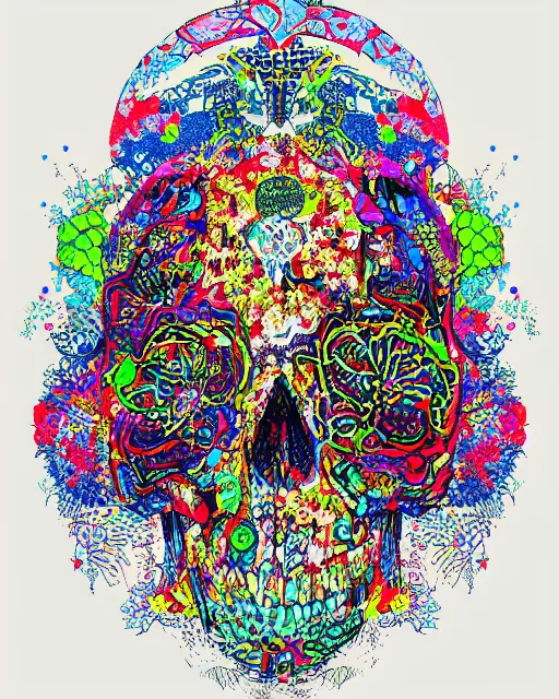 Image similar to an intricate exploding skull, screen print, colour explosion, voronoi, art by Gustavo Bernal, Garavato