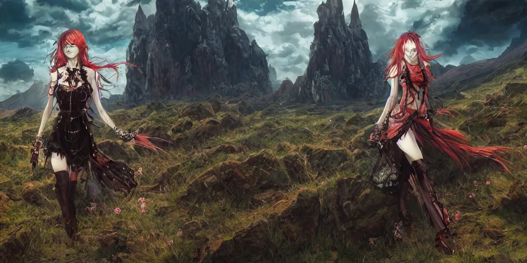 Image similar to goth woman in front of mountain landscape, color page, tankoban, 4 k, tone mapping, akihiko yoshida, james jean andrei riabovitchev marc simonetti, yoshitaka amano, long hair, curly, h. hydrochaeri