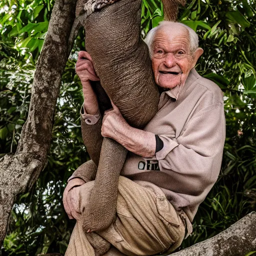 Image similar to portrait of an elderly man riding a sloth, canon eos r 3, f / 1. 4, iso 2 0 0, 1 / 1 6 0 s, 8 k, raw, unedited, symmetrical balance, wide angle