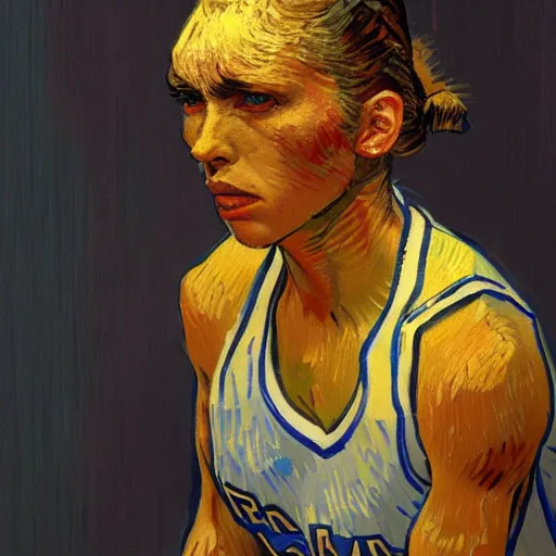 Image similar to painting of an woman basketball player, a van gogh style, greg rutkowski, artstation