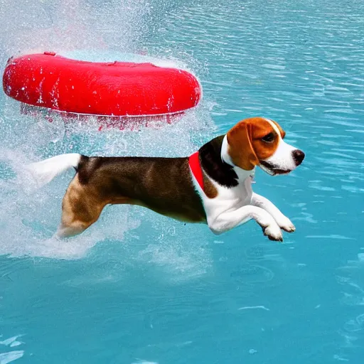 Prompt: beagle dog with red collar swimming in a pool in a house in premia del mar