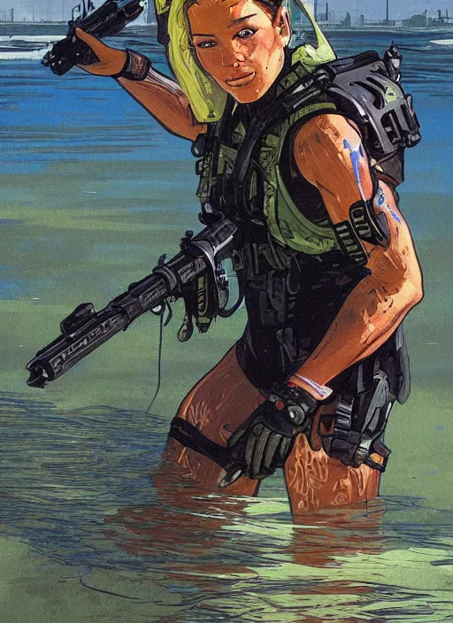 Prompt: Dinah. USN blackops operator emerging from water at the shoreline. Operator wearing Futuristic wetsuit and looking at an abandoned shipyard. Frogtrooper. rb6s, MGS, and splinter cell Concept art by James Gurney, Alphonso Mucha. Vivid color scheme.