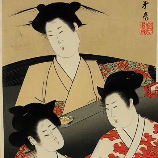 Image similar to angry japanese butcher slices meat next to \ two cute cats looking at him, vintage, painting by utamaro