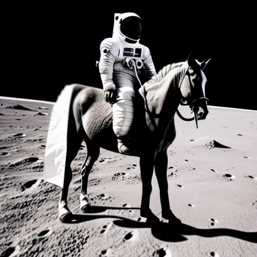 Image similar to old photo of an astronaut on his horse, horse has an astronaut suit too, photo taken on the moon