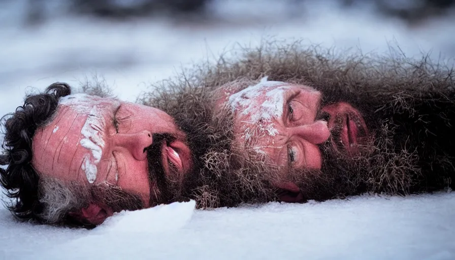 Image similar to 1 9 6 0 s movie still close up of marcus aurelius ill tired frozen to death under the snow by the side of a river with gravel, pine forests, cinestill 8 0 0 t 3 5 mm, high quality, heavy grain, high detail, texture, dramatic light, anamorphic, hyperrealistic, detailed hair, burning sun