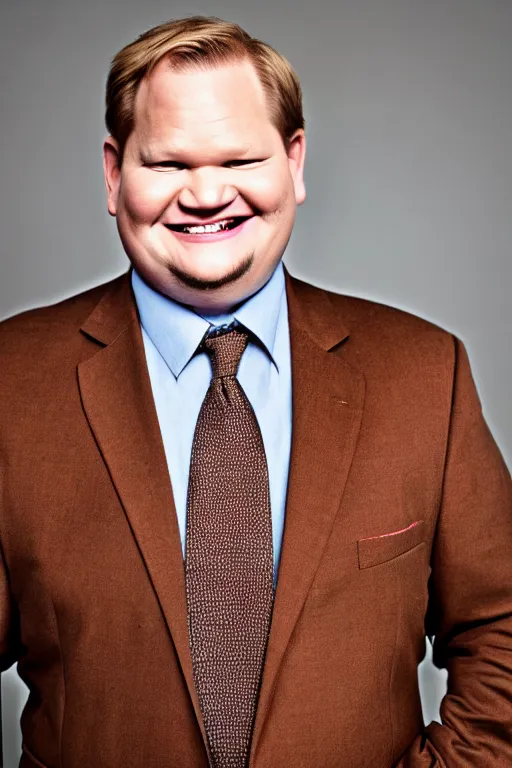 Image similar to andy richter wearing a brown suit and necktie, ultra hd photo, 3 5 mm close up, fish eye, realistic, smiling, holding a black work boot