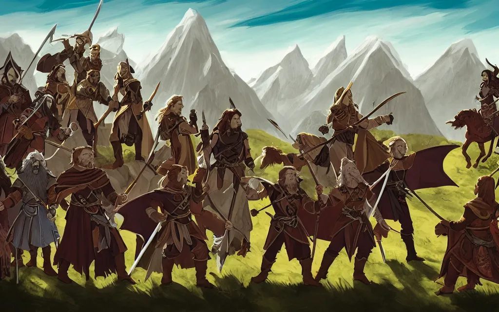 Image similar to DnD party with a wizard, knight, rogue, druid, bard, adventuring across vast rugged mountain range, long sightline, LOTR fantasy illustration