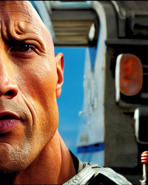 Image similar to Film still close-up shot of Dwayne Johnson as the Thomas the Tank Engine. Photographic, photography