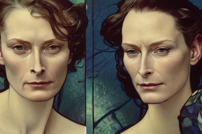 Image similar to hyper realistic portrait of tilda swildon, bigger forehead, bigger chin, from the side, by lee bermejo, alphonse mucha and greg rutkowski