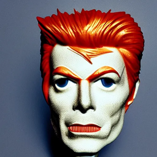 Image similar to close - up promo photo of a cereal bowl shaped as bowie head, space oddity,