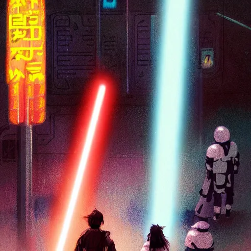 Image similar to Jedi lightsaber Duel future japan at night, Neon Lights, High contrast, concept art, fine details, studio ghibli, cinematic lighting, ghost-in-the-shell, cyberpunk,sci-fi, fantasy, intricate, elegant, highly detailed, digital painting, trending on artstation, concept art, smooth, sharp focus, illustration, by james gurney and greg rutkowski