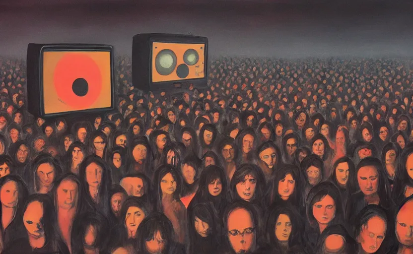 Prompt: a dark painting of hundreds of people being brainwashed by a giant 1 9 8 0 s crt television