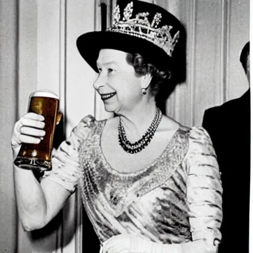 Prompt: Queen Elizabeth drinking beer from a shoe