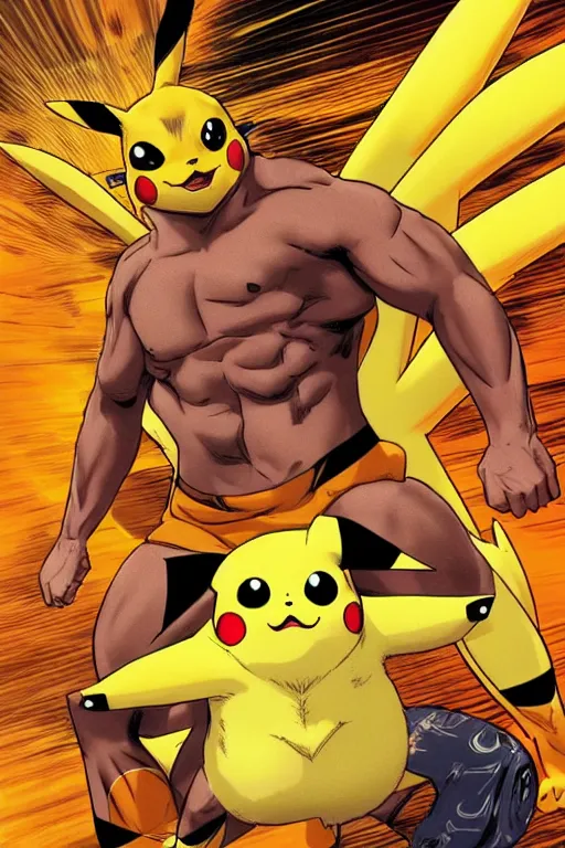 Image similar to Breathtaking comic book style of Pikachu with the body of Dwayne Johnson, high quality, 8k, very detailed